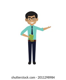 Hombre indio sostiene ilustración de un vector plano de libro 