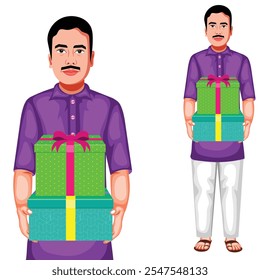 Indian Man Holding Gift Boxes In Hand Cartoon Character Vector Illustration