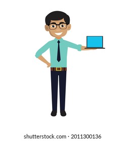 Hombre indio sostiene ilustración de un vector de portátil 