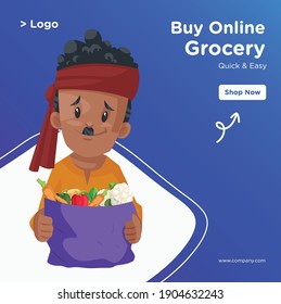 Indian man is holding the vegetable bag in her hands. Buy online grocery banner design. Vector graphic illustration.