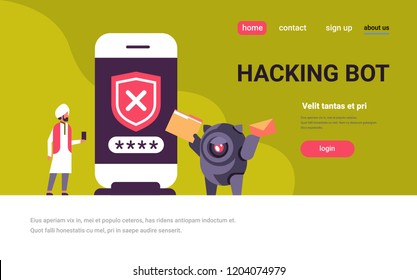 indian man incorrect password hacking bot concept smartphone verification mobile security app access horizontal flat full length copy space vector illustration