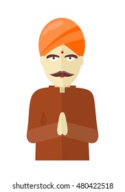 Indian man isolated on white background. Indian sadhu with crossed hands in colorful turban and robes. Hindu sadhu monk meditating. Man from India in national yoga suit. Vector illustration