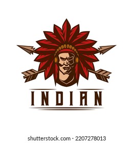 Indian Man Logo vintage style chief Apache mascot design character vector illustration