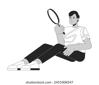 Indian man looking through magnifying glass black and white 2D line cartoon character. Investigator isolated vector outline person. Attention to details monochromatic flat spot illustration