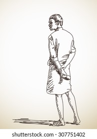Indian man in lungi, Vector sketch, Hand drawn illustration