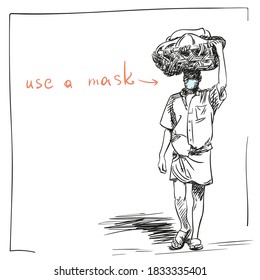 Indian man in medical face mask, in lungi and loose shirt carries wicker basket on his head, Use a mask banner, Coronavirus pandemic people sketch. Hand drawn illustration isolated white background