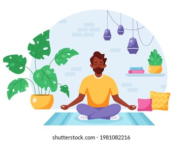 Indian man meditating in lotus pose in cozy modern interior. Healthy lifestyle. Vector illustration