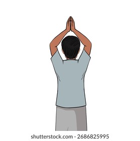 Hombre indio Namaste Ilustración de vista posterior, Vector de hombre de aldea india de dibujos animados, vista posterior, manos arriba, diseño de ilustración