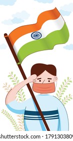 Indian man with a new lifestyle of safety on independence day. an Indian man with the Indian Flag in Salute position illustration to celebrate the independence day of India.