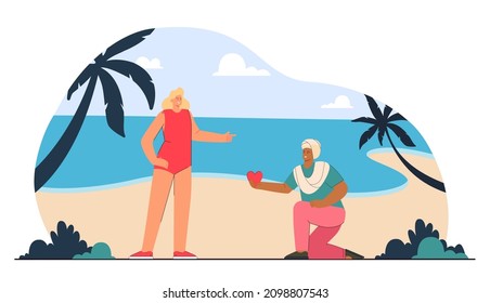 Hombre indio de rodilla ofreciendo corazón rojo a una mujer rubia con traje de baño a orillas del mar. Ilustración vectorial plana de romance de vacaciones. Amor, concepto de relación para banner, diseño de sitio web o página web de inicio
