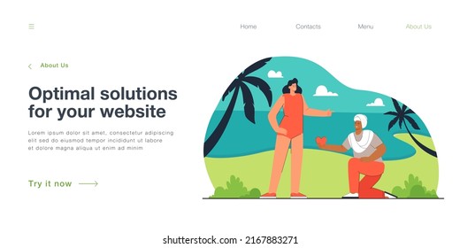 Indian man on one knee offering red heart to blond woman in swimsuit on seashore. Vacation romance flat vector illustration. Love, relationship concept for banner, website design or landing web page