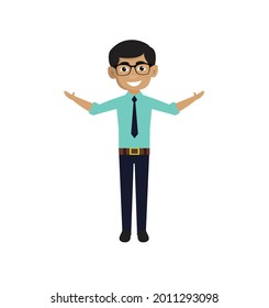 Indian Man Open Arms Flat Vector Cartoon Illustration 