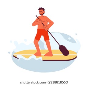 Indian man paddleboarding on lake flat vector spot illustration. Guy in swimwear standing up paddle board 2D cartoon character on white for web UI design. Sport isolated editable creative hero image