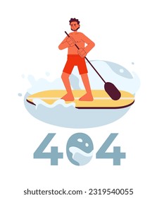 Indian man paddleboarding on lake error 404 flash message. Stand up paddle board. Empty state ui design. Page not found popup cartoon image. Vector flat illustration concept on white background