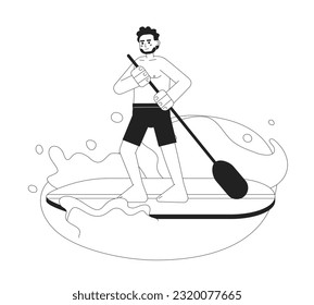 Indian man paddleboarding on lake monochrome vector spot illustration. Guy in swimwear standing up paddle board 2D flat bw cartoon character for web UI design. Isolated editable hand drawn hero image