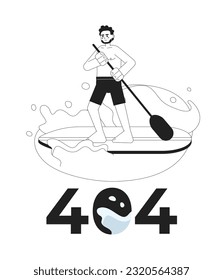 Indian man paddleboarding on lake black white error 404 flash message. Paddle board. Monochrome empty state ui design. Page not found popup cartoon image. Vector flat outline illustration concept