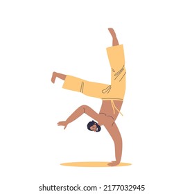 Indian man performing thai chi. Eastern male practice yoga or kalaripayattu martial art. Traditional fighting art and sport concept. Cartoon flat vector illustration