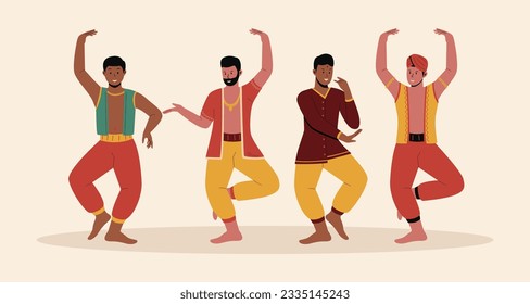 Hombre indio interpretando un juego de ilustraciones de baile tradicional. Disfraces tradicionales. Personajes de caricaturas masculinas indias grupales. Ilustración vectorial plana aislada en fondo blanco