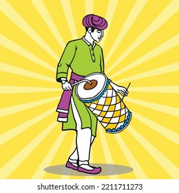 An Indian man is playing dhol, Vector graphic illustration. 