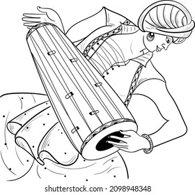 INDIAN MAN PLAYING DHOL IN WEDDING FUNCTION VECTOR LINE ART. INDIAN WEDDING SYMBOL MAN PLAYING DHOL DRUM WITH STICKS BY HANDS VECTOR LINE ART DRAWING BLACK AND WHITE CLIP ART ILLUSTRAITON