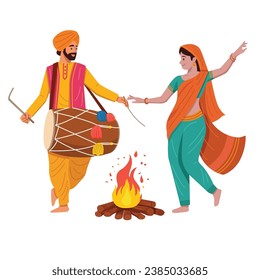 Indian man playing Dhol, woman performing folk dance  Lohri festival beside bonfire