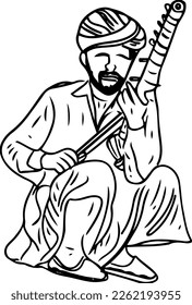 indian man playing traditional music instrumen, man playing music instrument sarangi black and white clip art line art, cultural rajasthani folk musician 