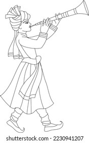Indian man playing Indian wedding music instrument. vector Indian wedding symbol black and white and color illustration.