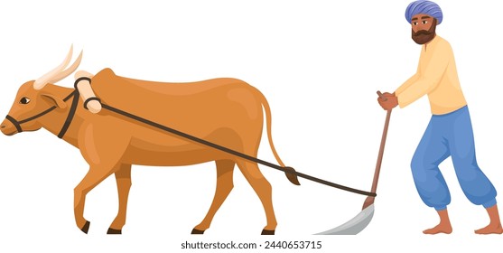 Indian man ploughing. Cartoon bull rural agriculture isolated on white background