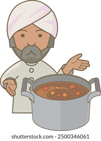 Indian man pointing to curry rice in a pot