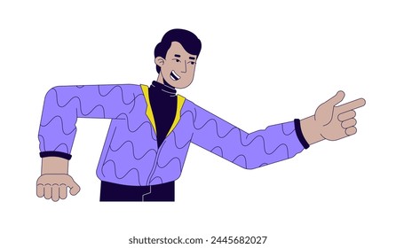 Indian man pointing finger forward 2D linear cartoon character. South asian guy gesturing forefinger isolated line vector person white background. Attention indicating color flat spot illustration