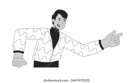 Indian man pointing finger forward black and white 2D line cartoon character. South asian guy gesturing isolated vector outline person. Attention forefinger monochromatic flat spot illustration