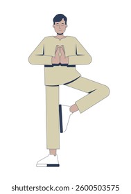 Indian man practicing tree pose in yoga 2D cartoon character. Balance, mindful breathing, inner peace. Holistic fitness south asian guy flat vector person isolated on white. Spot illustration colorful