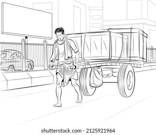 Indian Man Pulling Cart in line Illustration