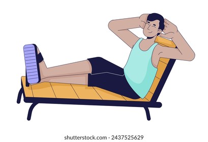 Indian man resting on 2D linear cartoon character. Happy south asian male at beach resort isolated line vector person white background. Long awaited vacation time color flat spot illustration