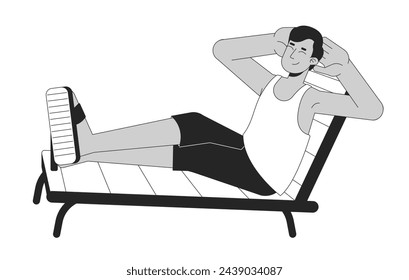 Indian man resting on black and white 2D line cartoon character. Happy south asian male at beach resort isolated vector outline person. Long awaited vacation time monochromatic flat spot illustration