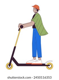 Hombre indio montando patada scooter 2D lineal personaje de dibujos animados. Hombre joven que elige el fondo blanco de la persona aislada del Vector de la línea del vehículo eco amistoso. Ilustración de mancha plana de color de sostenibilidad