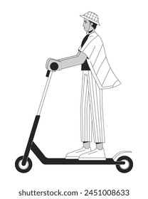 Hombre indio montando patada scooter blanco y negro 2D línea de personaje de dibujos animados. Hombre joven que elige el vehículo respetuoso del medio ambiente aislado del perfil del Vector persona. Ilustración monocromática de la mancha plana de la sostenibilidad