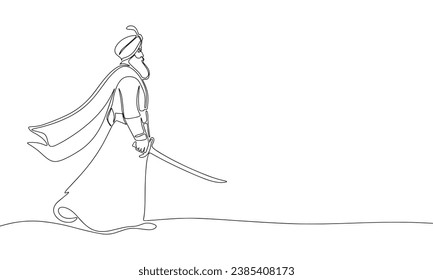 Indian man with saber one line continuous art. Line art man with sword. Hand drawn vector art. 