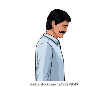 Vector triste del hombre indio, ilustración triste de la expresión del hombre indio de la aldea de la historieta, Vector lateral del carácter