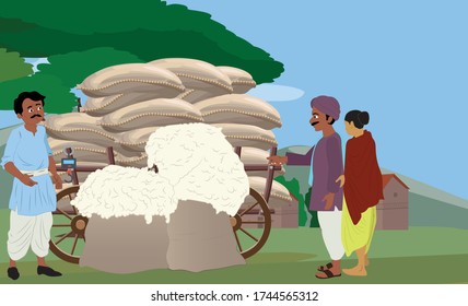 Indian man selling cotton to villagers
