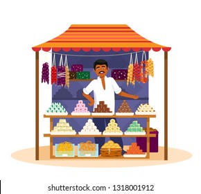 Indian man selling  traditional sweets. Vector illustration of Asian street sweets shop with seller in flat cartoon style. Isolated on white.