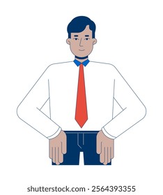 Indian man shirt tie office worker hands on hips 2D cartoon character. Young adult employee intern confident power pose isolated person flat vector on white background. Spot illustration colorful