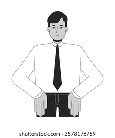 Indian man shirt tie office worker hands on hips black and white 2D line character. Young adult employee intern confident power pose isolated vector outline person. Monochromatic spot illustration