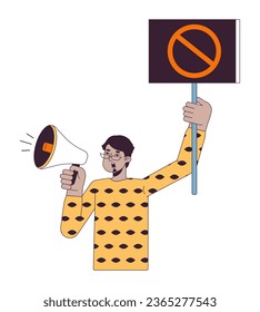 Indian man shouting in megaphone flat line color vector character. Slogan on banner. Editable outline half body person on white. Simple cartoon spot illustration for web graphic design