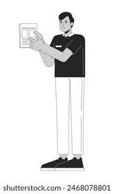 Indian man showing papers black and white 2D line cartoon character. South asian male office employee with documents isolated vector outline person. Paperwork monochromatic flat spot illustration