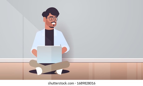 Indian Man Sitting Lotus Pose Using Laptop Guy Working From Home Freelance Concept Modern Room Interior Horizontal Full Length Vector Illustration