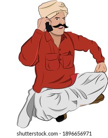 Indian man sitting and talking on a smartphone. Modern technologies. 