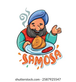 Indian man with Indian  snacks Samosa on a plate. The text 'samosa' written below 