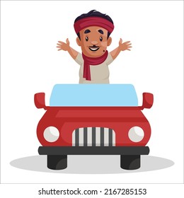 Un hombre indio está parado en el auto abierto y ondeando las manos. Ilustración gráfica vectorial. Individualmente sobre un fondo blanco. 