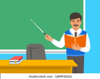 Indian man teacher standing with open book and pointer at the blackboard in classroom. School class interior. Education concept. Cartoon vector illustration. Back to school banner.